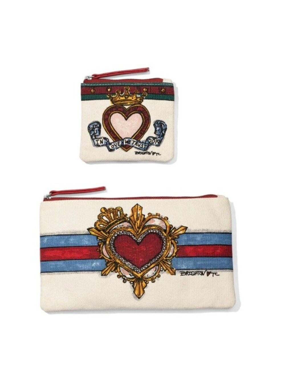 NWT Brighton In Love We Trust Heart Pouch Set Canvas Leather Zipper Bags